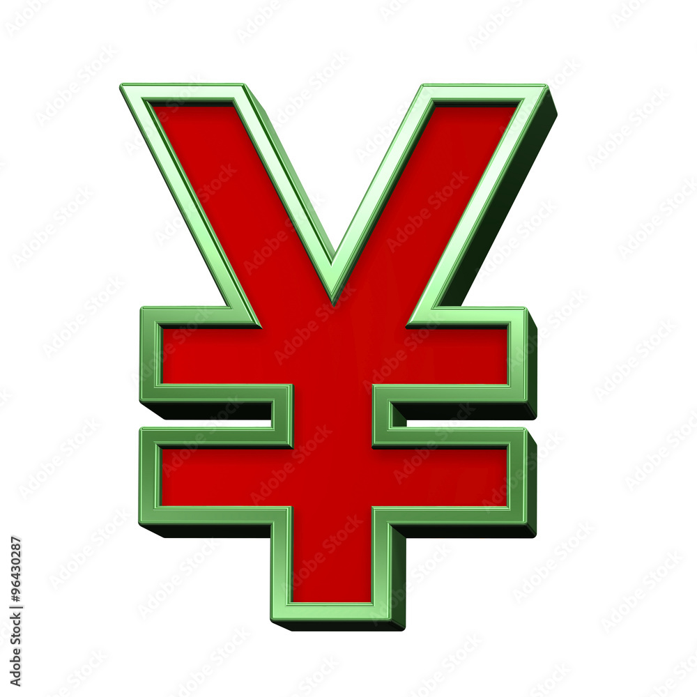 Fototapete yen sign from red glass with green frame alphabet set, isolated on white. computer generated 3d phot