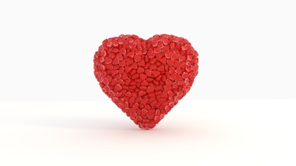 On a white background shows a lot of red glossy hearts that form one big heart.