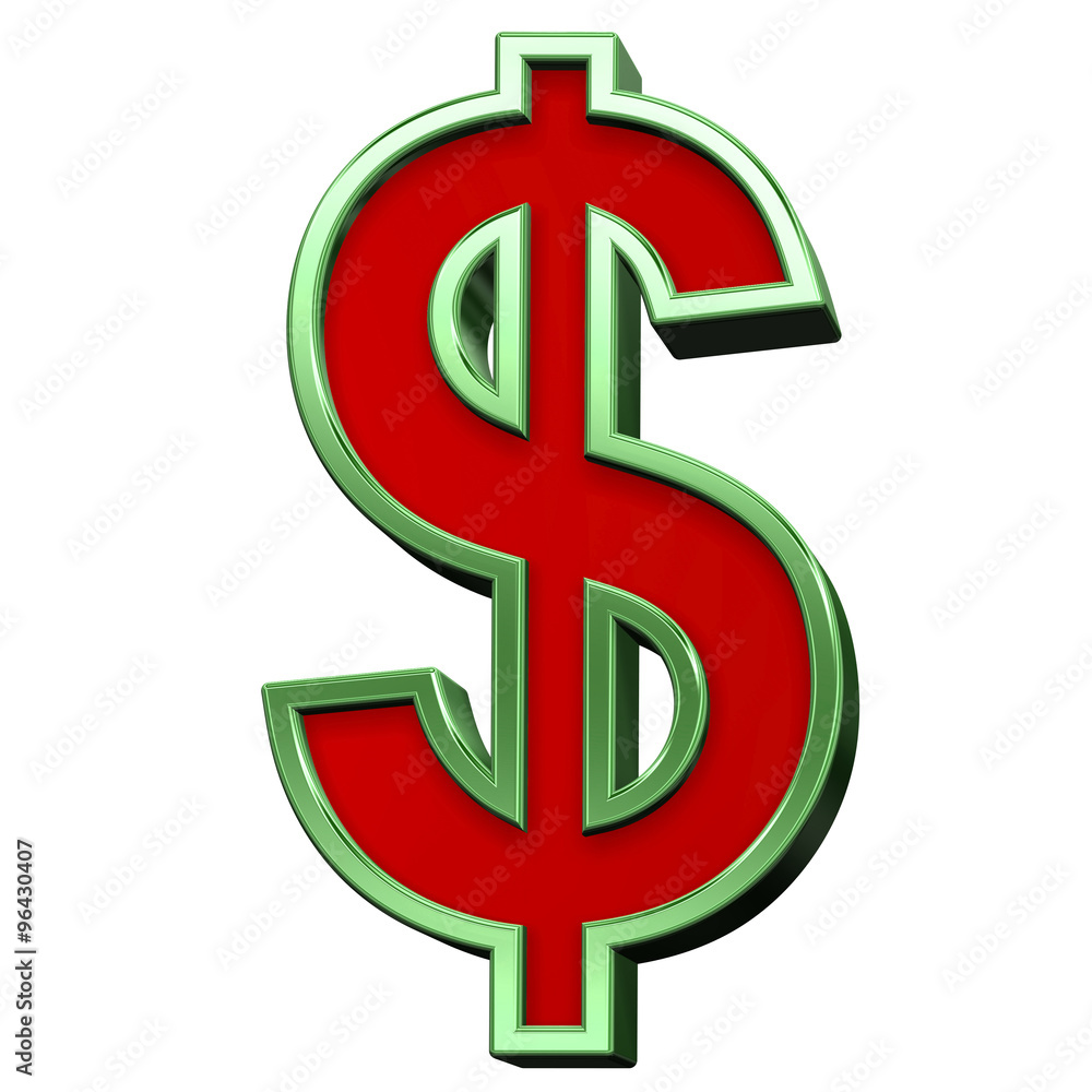 Fototapete dollar sign from red glass with green frame alphabet set, isolated on white. computer generated 3d p