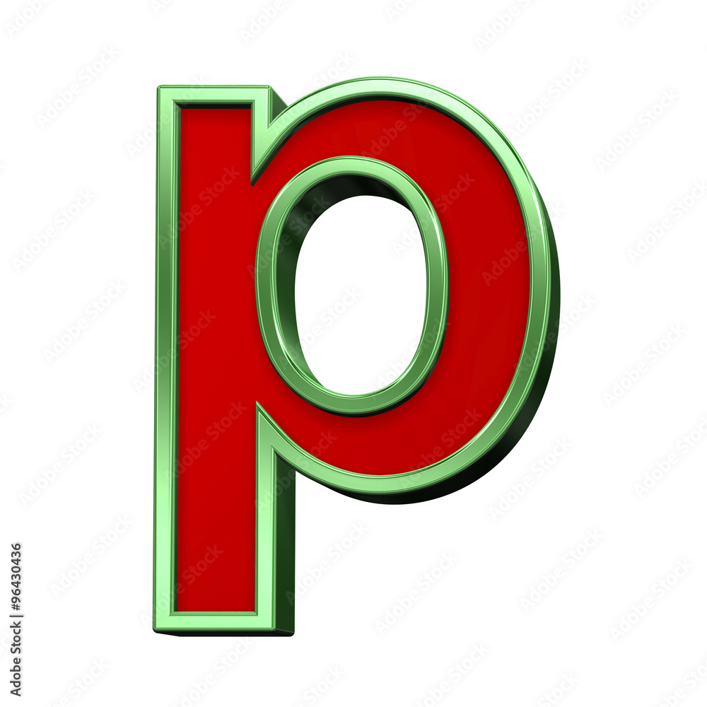 Fototapete one lower case letter from red glass with green frame alphabet set, isolated on white. computer gene