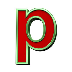 One lower case letter from red glass with green frame alphabet set, isolated on white. Computer generated 3D photo rendering.