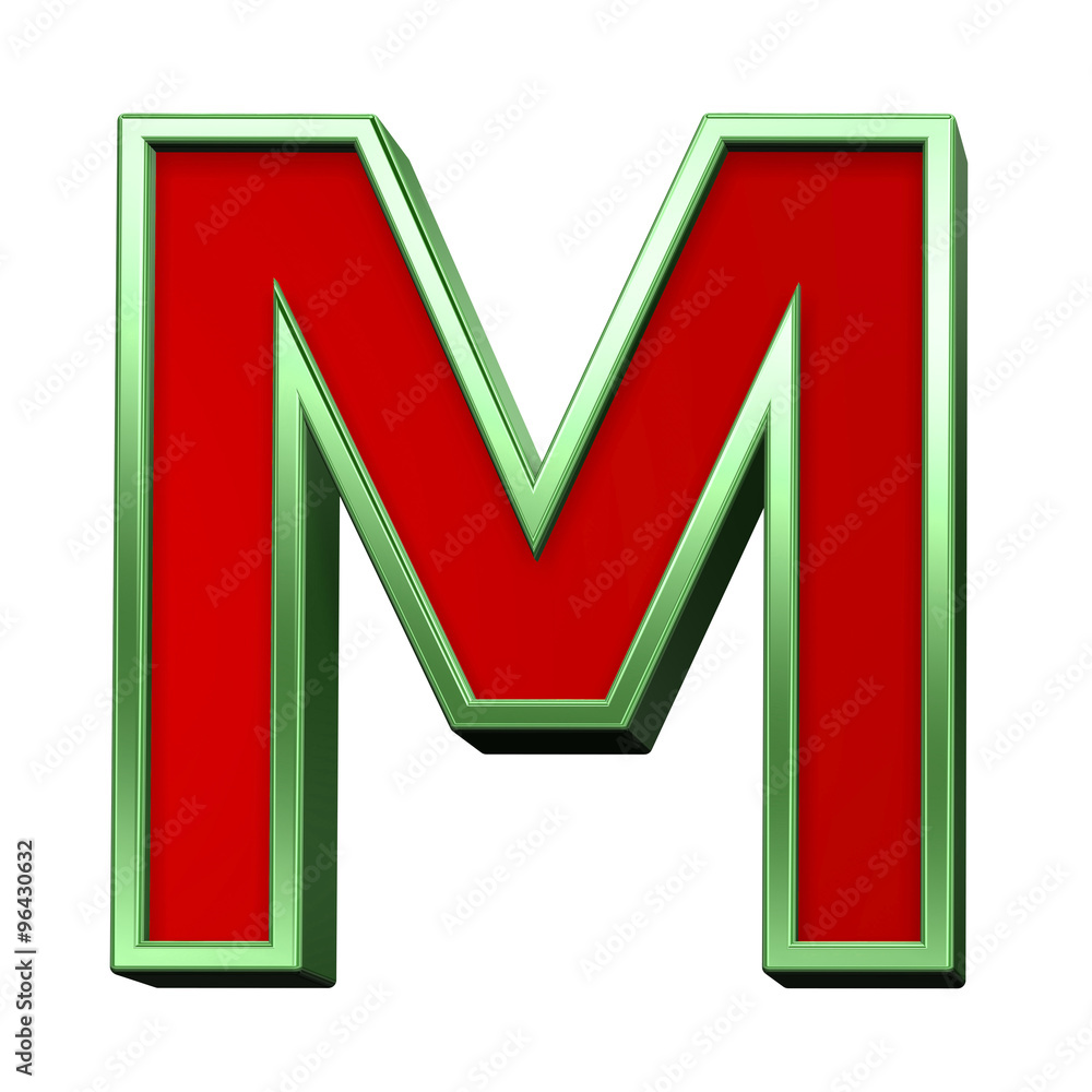 Fototapete one letter from red glass with green frame alphabet set, isolated on white. computer generated 3d ph