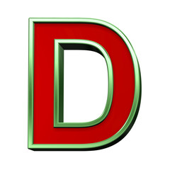 One letter from red glass with green frame alphabet set, isolated on white. Computer generated 3D photo rendering.