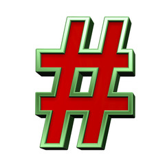 Number mark sign from red glass with green frame alphabet set, isolated on white. Computer generated 3D photo rendering.