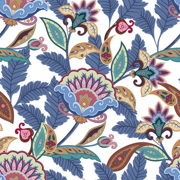 Fantasy flowers seamless paisley pattern. Floral ornament, for fabric, wrapping, wallpaper