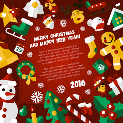 Fototapeta premium Illustration of Christmas and Happy New Year flat design invitation template with icons