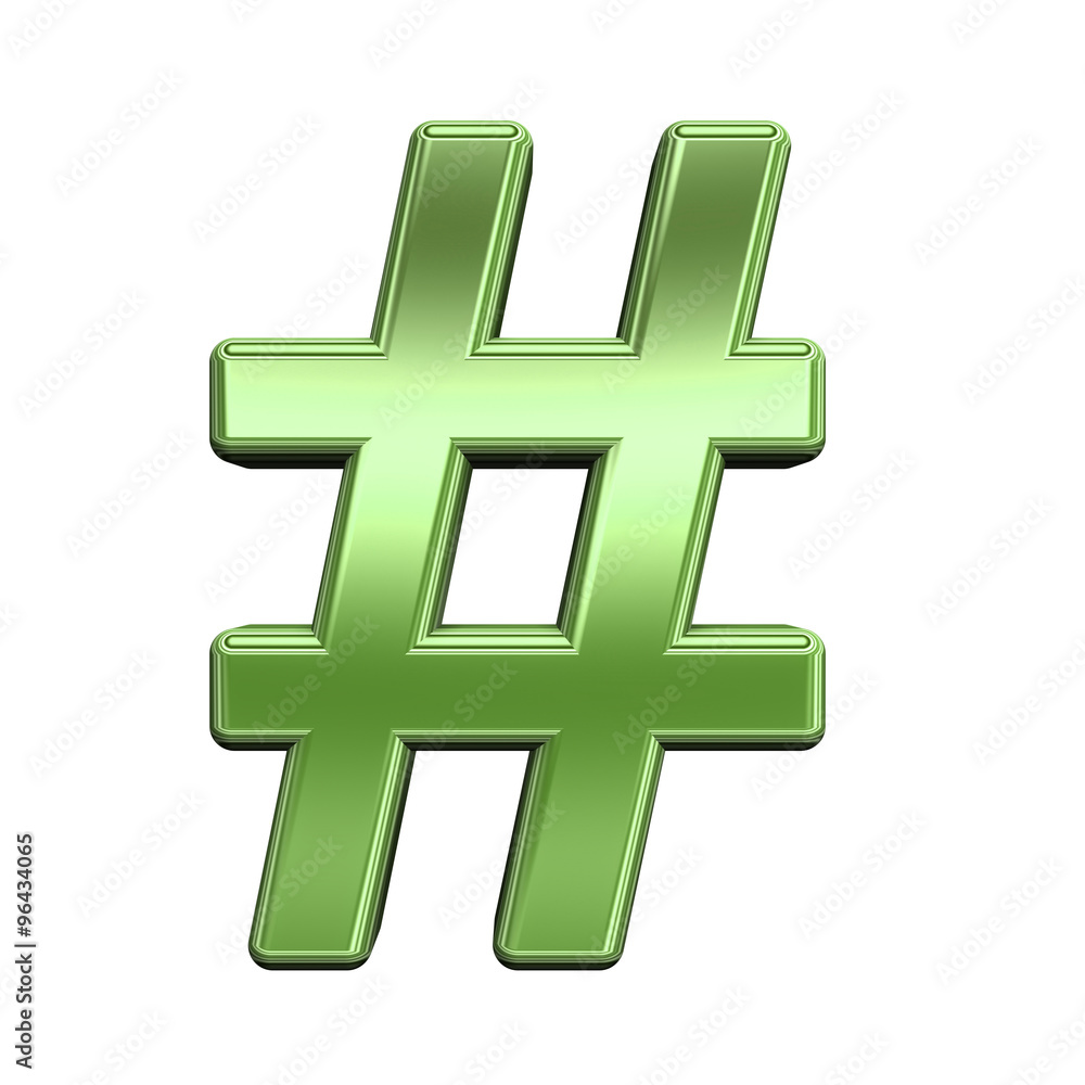 Fototapete number mark from shiny green alphabet set, isolated on white. computer generated 3d photo rendering.