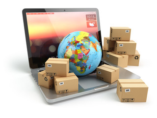 Shipping, delivery and logistic concept. Earth and cardboard box