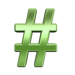 Number mark from shiny green alphabet set, isolated on white. Computer generated 3D photo rendering.