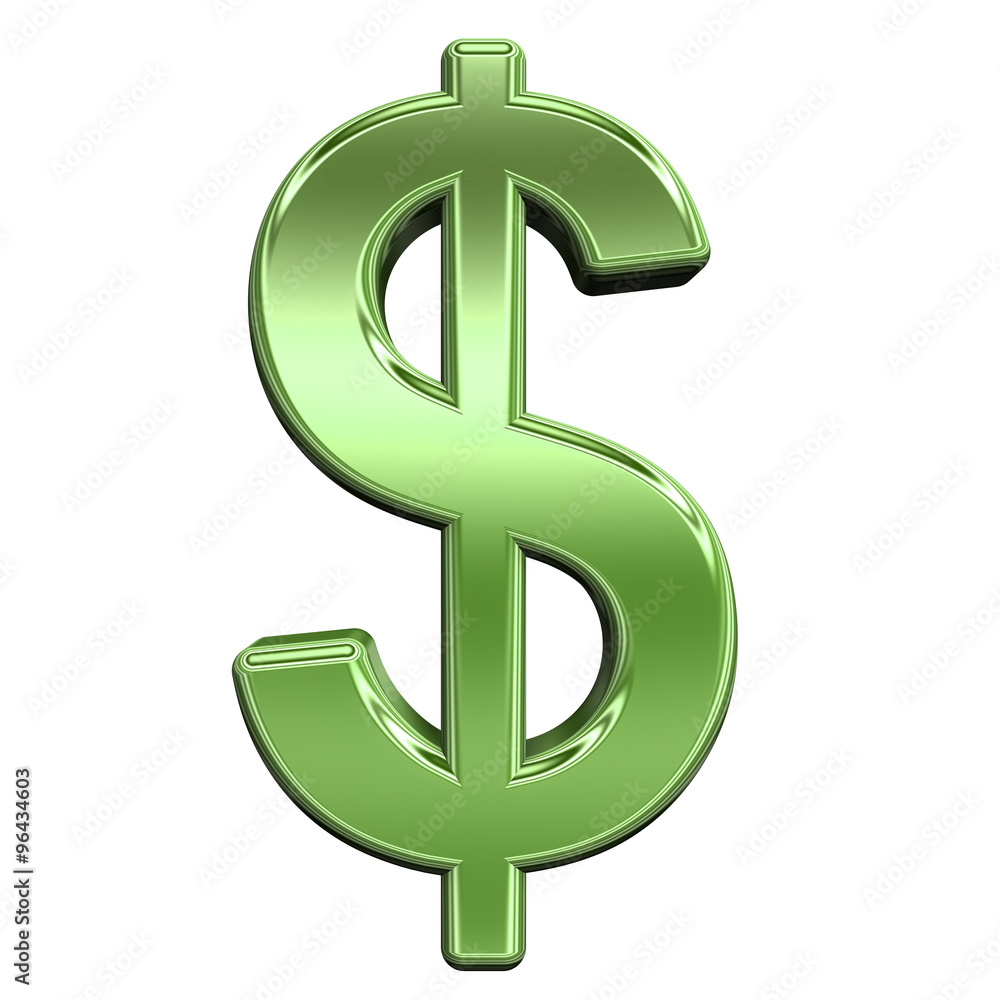 Poster dollar sign from shiny green alphabet set, isolated on white. computer generated 3d photo rendering.