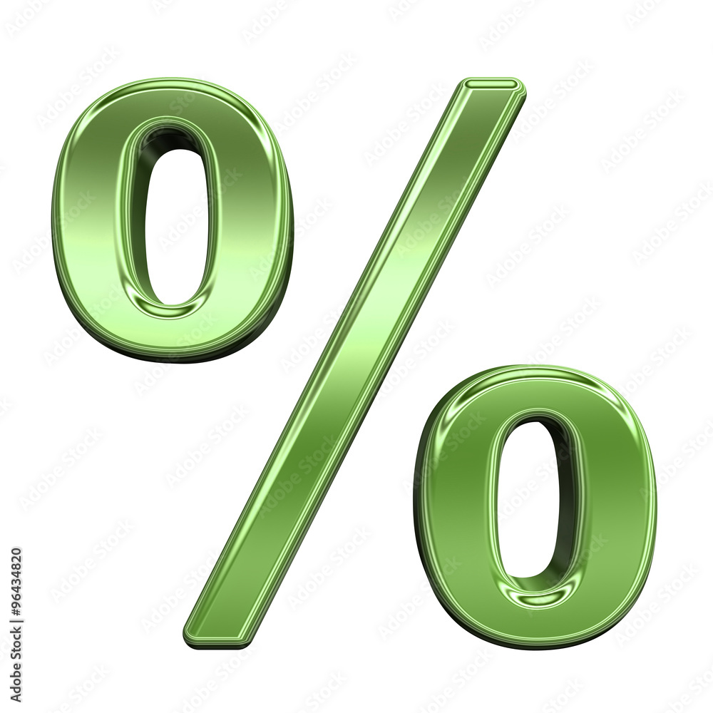 Fototapete percent sign from shiny green alphabet set, isolated on white. computer generated 3d photo rendering