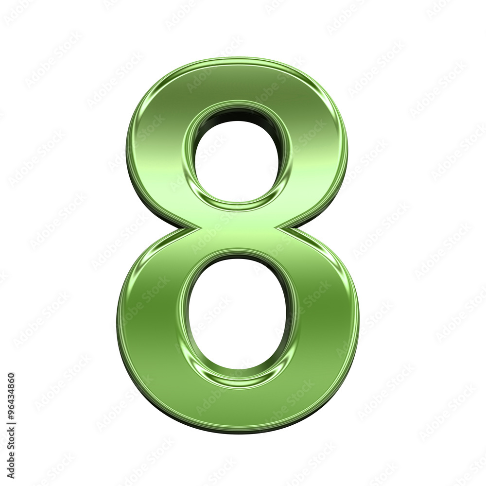 Fototapete One digit from shiny green alphabet set, isolated on white. Computer generated 3D photo rendering.