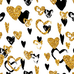 Hand drawn seamless  pattern with golden glitter hearts.
