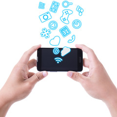 hands holding mobile smart phone with different applications iso