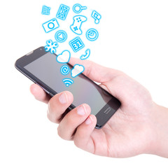 hands holding mobile smart phone with different applications and