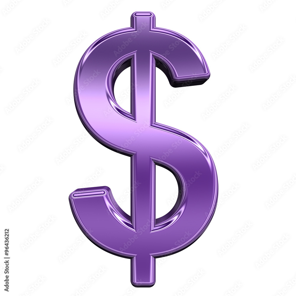 Fototapete dollar sign from shiny purple alphabet set, isolated on white. computer generated 3d photo rendering