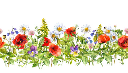 Floral horizontal border for fashion design. Watercolor wild flowers, grass, herbs. Repeated frame