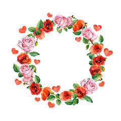 Rose and poppy flowers. Floral wreath for wedding and Valentine day. Watercolor circle border