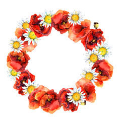 Floral beautiful circle wreath with meadow flowers (poppies, chamomile) for retro postcard. Watercolour vintage art 