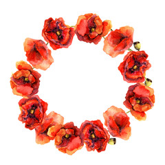 Floral bright round wreath with bright flowers poppies. 