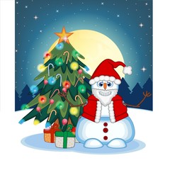 Snowman Wearing A Santa Claus Costume Waving His Hand With Christmas Tree And Full Moon At Night Background For Your Design Vector Illustration