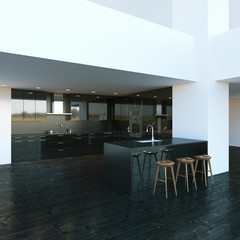 Black modern kitchen furniture in big interior. 3d render