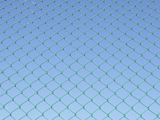 Green seamless fence chain, Iron wire fence on blue sky background