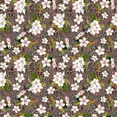 Vintage floral seamless pattern. Sakura (cherry, apple tree) flowers on retro ornamental background. Watercolor
