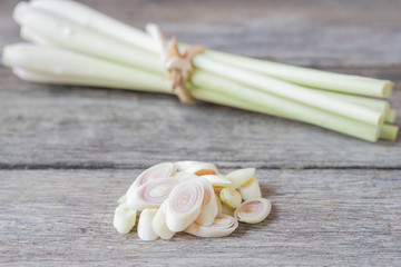 Lemon grass slice on wooden background.