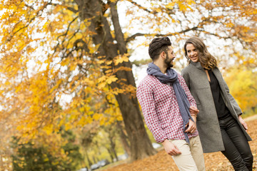 Fototapeta premium Young couple in the autumn park