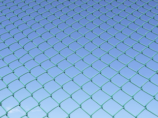 Green seamless fence chain, Iron wire fence on blue sky background