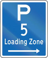 New Zealand road sign - Loading Zone parking for a 5 minute maximum, on right of this sign