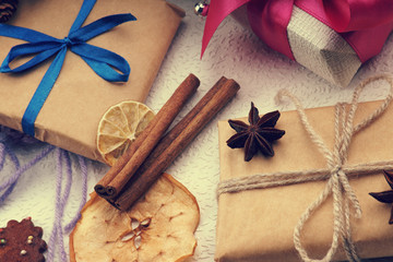 Christmas gift boxes, cookies and dried fruits