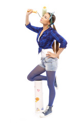 The young girl was contemplating the repair of an apartment.