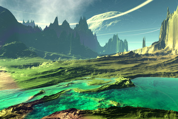 Fantasy alien planet. Rocks and lake