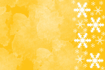 Bright yellow background with white snowflakes border on right side