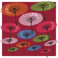 Fototapeta na wymiar Color umbrellas decorated with flowers background