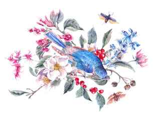 Vintage Greeting Card with Pink Flowers, Beetles and Birds