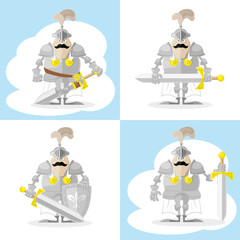 A set of vector shapes funny medieval knight in white cloak isolated on white background