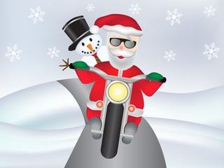 Snowman with Santa Claus on motorbike cool with snowflakes