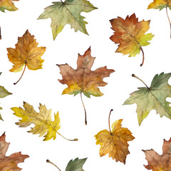 Seamless pattern with watercolor autumn leaves
