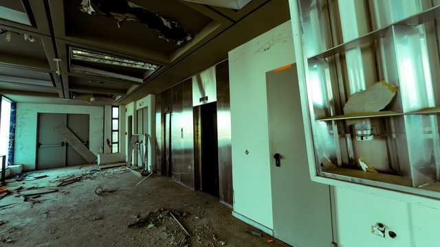 4K abandoned big business offices motion control linear tracking timelapse