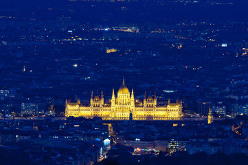 Parliament of Hungary in the evening. Taken from the surrounding hills