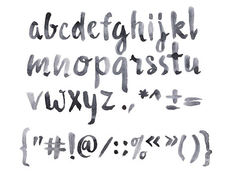 Watercolor aquarelle font type handwritten hand drawn doodle abc alphabet lowercase letters