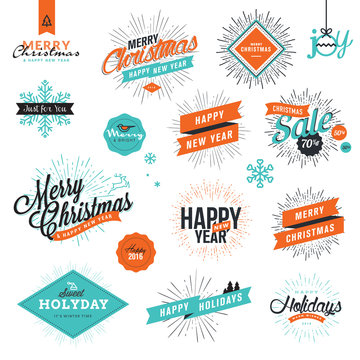 Christmas and New Year's vintage style signs for greeting cards, gift tags, Christmas sale, web design, product promotion, e-commerce and marketing material.