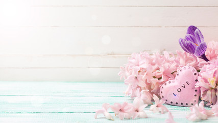 Flowers hyacinths, crocus  and decorative heart
