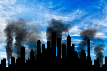 Fototapeta na wymiar Silhouette of city in smoke against cloudy sky