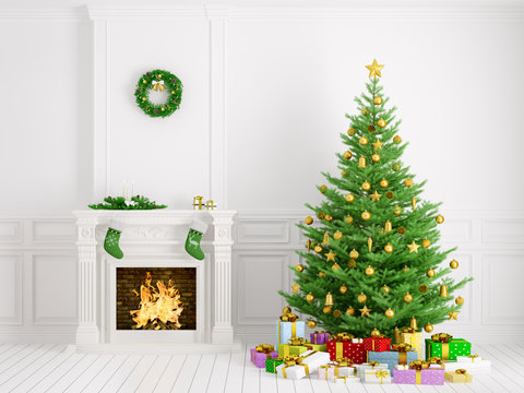 Classic interior with christmas tree and fireplace 3d rendering