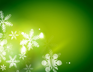Fototapeta na wymiar Holiday green abstract background, winter snowflakes, Christmas and New Year design template