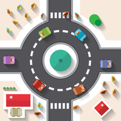 Naklejka premium Flat Design Top View Street Roundabout with Cars and People Vector